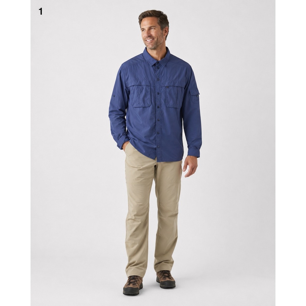 REI Button Front Outdoor Shirt Mens Large Blue Polyester Vented Pockets Roll Tab